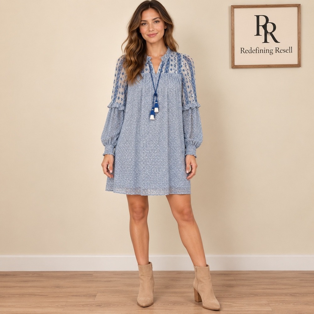 Global Desi Blue White Geometric Print Boho Tassel Mini Dress Small Long Sleeve